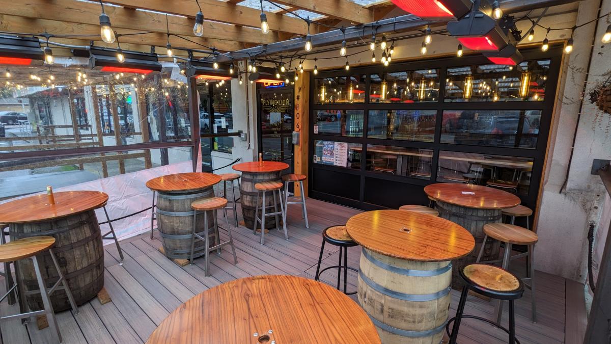 View inside covered deck, 5 tables with stools and heaters above.