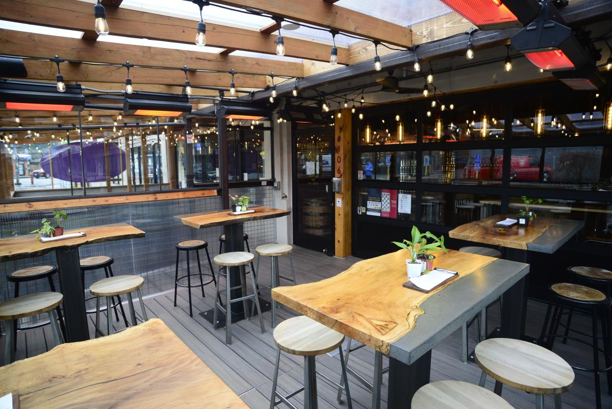 View inside covered deck, 5 tables with stools and heaters above.